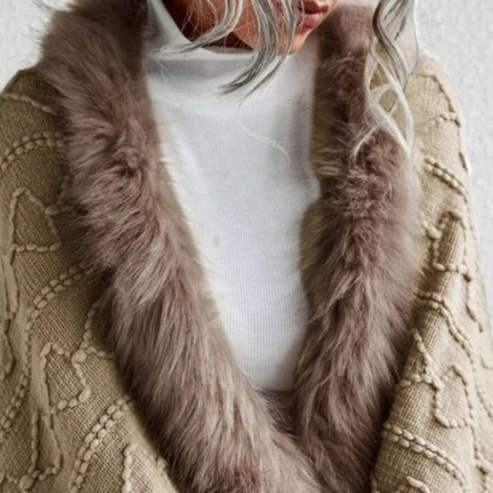 Faux fur Trim Textured Knit  Open front Sweater Cardigan Khaki - Picture 7 of 9